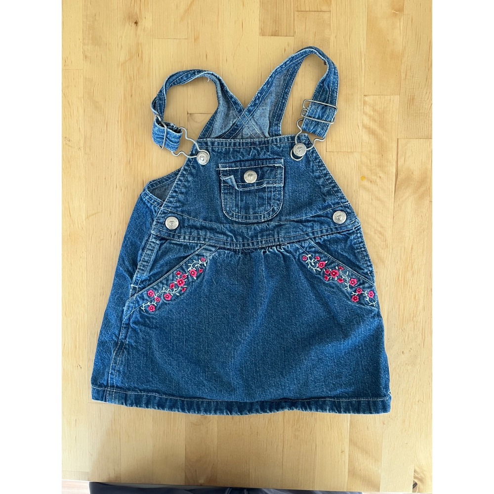 Sprockets Girls Denim Pinafore Overall Dress Floral Embroidery Blue 18M vintage